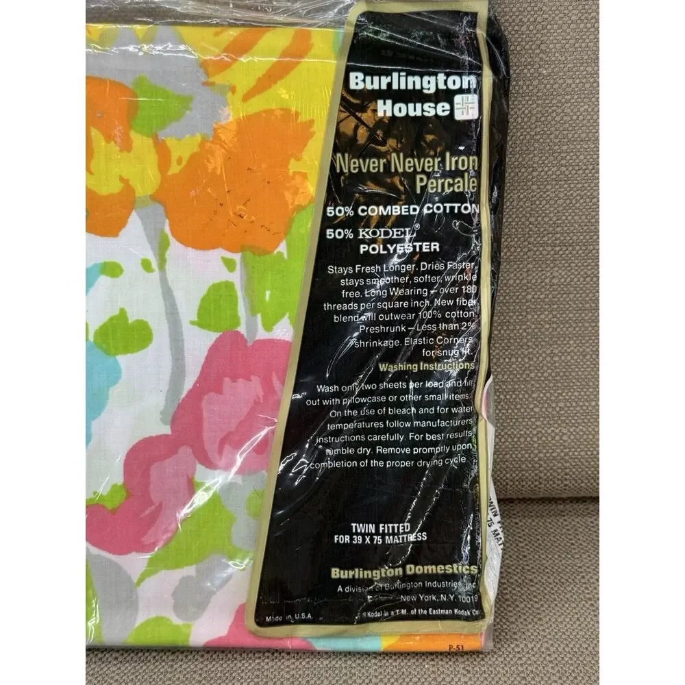 VTG Burlington House Never Iron Twin Fitted Sheet NOS Mod Floral Flowers 1960s